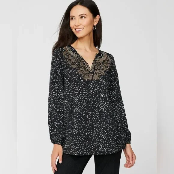 Chico's Black Blouse, White Dots, Gray Embroidered Neckline, Gold Beads,Sz 0,Sml - Picture 3 of 14